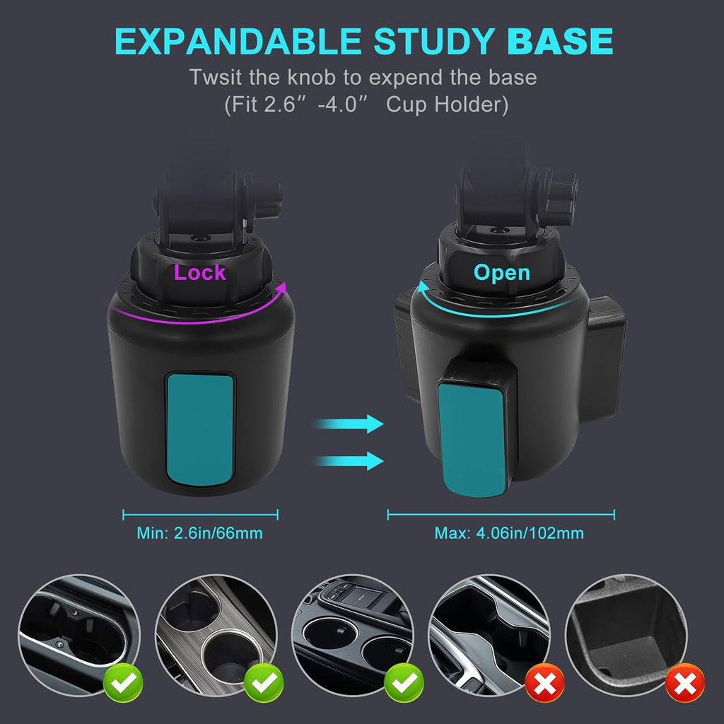 Cup Holder Car Tablet Mount, 360° Adjustable 2-Arm Stand Holder for iPad Pro 12.9/11/10.5/9.7/Air/Mini 6/5/4, Samsung Galaxy Tab/Z Fold 6/5, Amazon Fire HD, iPhone 16/15/14/Pro, 4.7-12.9" Tab & Phone