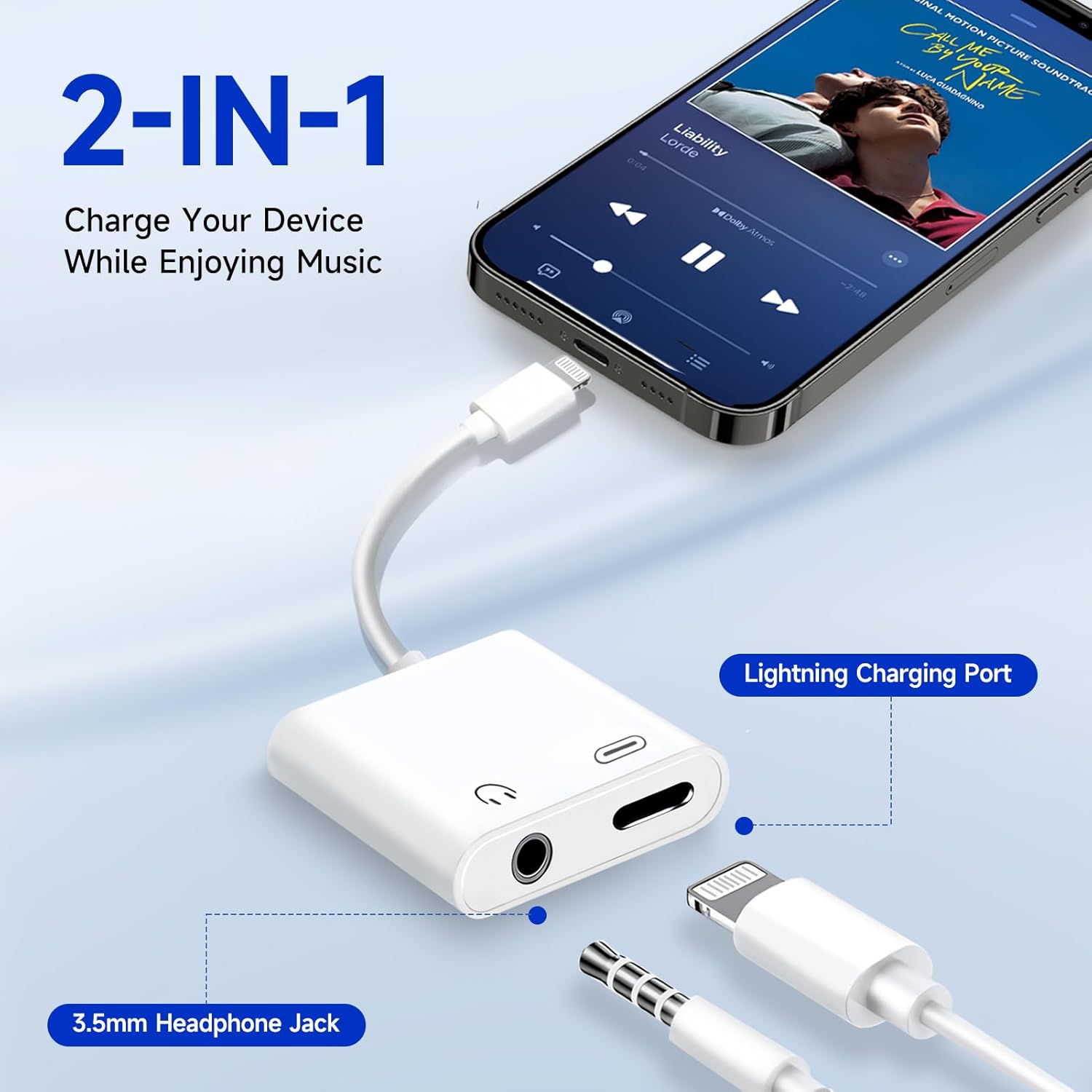 [Apple MFi Certified] 2-in-1 Charging & Audio Adapter for iPhone, Lightning to 3.5mm Headphone Jack Dongle Splitter, Supports Hi-Res Lossless Sound, Compatible with iPhone 14/13/12/11/XS/XR/8/7 3Pack