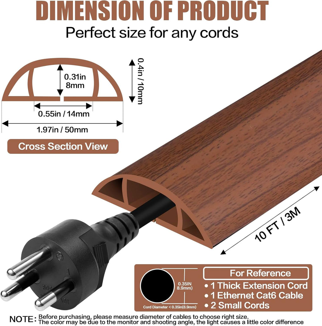 Floor Cord Cover Self Adhesive Cord Hider,10FT Cable Management, Extension Strip Protector for Wires, Prevent Cable Trips for Offices, Gyms, Exhibitions Cavity:0.47"(W) x0.35(H) Wood Red Teak