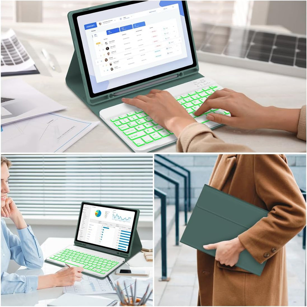 Keyboard Case for Samsung Galaxy Tab A9 Plus 5G 11 inch 2023 (SM-X210/X216/X218), 7 Color Backlit Detachable Keyboard Bluetooth, Smart Folio Cover with S Pen Holder for Galaxy Tab A9+ 11"(Dark Green)