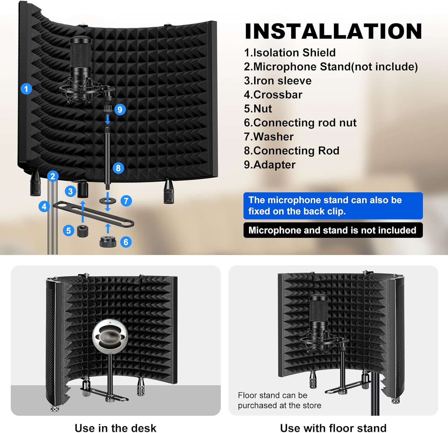 Aokeo Studio Recording Microphone Isolation Shield, Pop Filter.High density absorbent foam is used to filter vocal. Suitable for blue yeti and any condenser microphone recording equipment