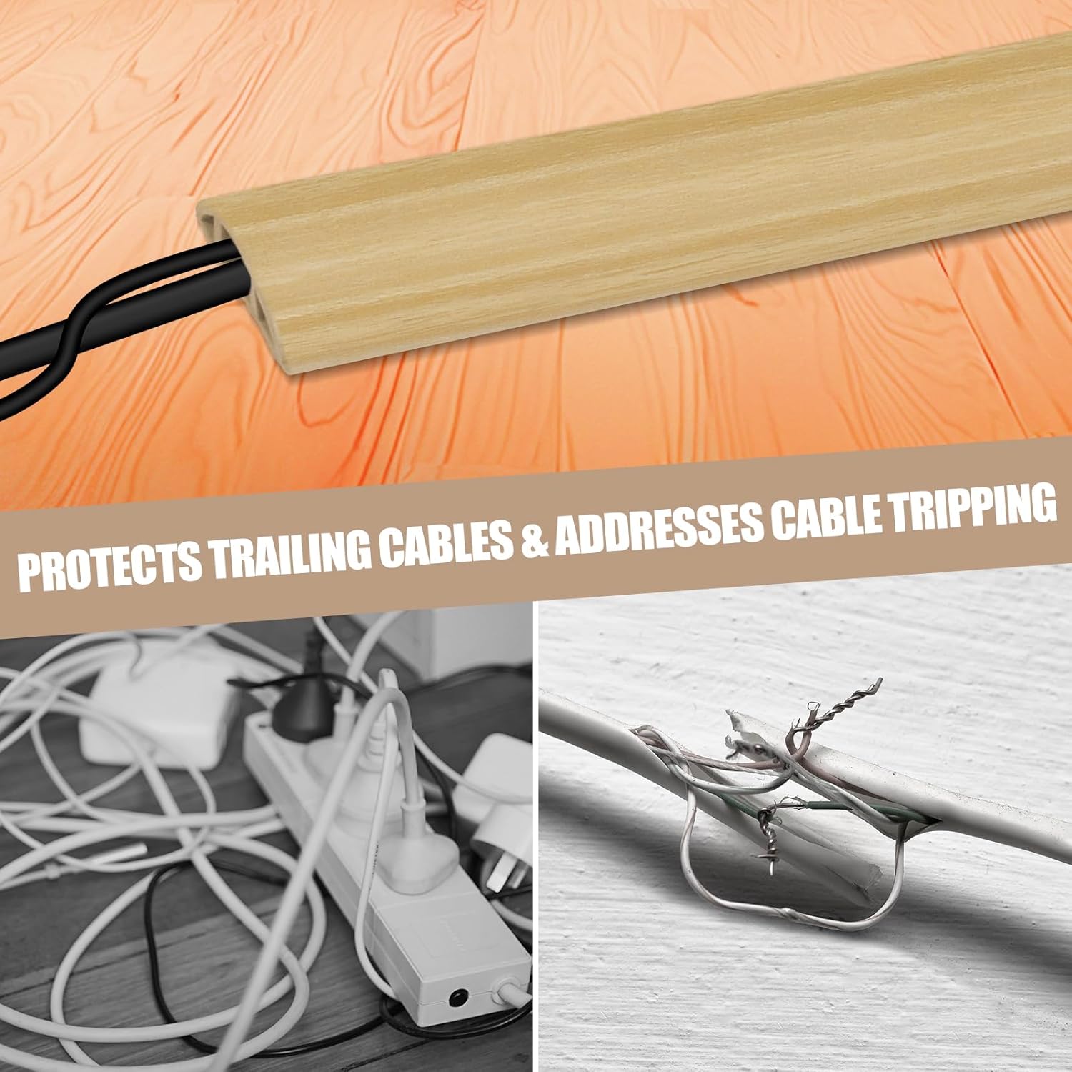 Floor Cord Cover Self Adhesive Cord Hider,10FT Cable Management, Extension Strip Protector for Wires, Prevent Cable Trips for Offices, Gyms, Exhibitions Cavity:0.51"(W) x 0.3"(H) WoodLightyellow
