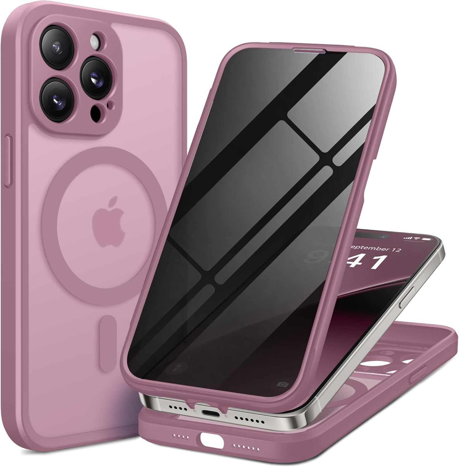 BERFY Magnetic for iPhone 14 Pro Max Case,Compatible with MagSafe,Built-in Privacy Screen Protector and Upgraded Camera Protection,Anti-Spy Full Body Shockproof Phone Case for 14 Pro Max,Palevioletred