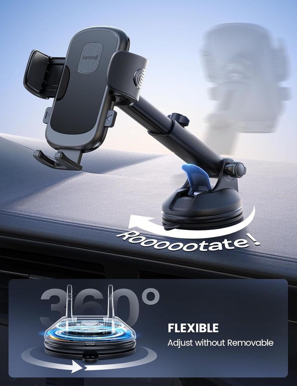 Lamicall Car Phone Holder Mount [3-in-1 Military-Grade Suction Cup] 360° Rotation Phone Holders for Your Car [Metal Hook] Cell Phone Car Mount Dashboard Vent Windshield Smartphone LeatherGrain
