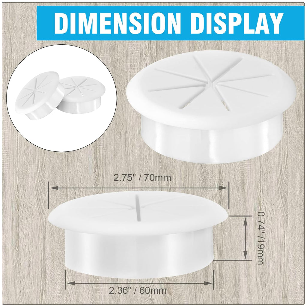 2-3/8" White Desk Grommet, JTemgle Flexible Cable Grommet Rubber Cable Hole Cover Wire Organizer Caps Desktop Cord Management for Home Office TV Stands Tabletops, 2 Pieces