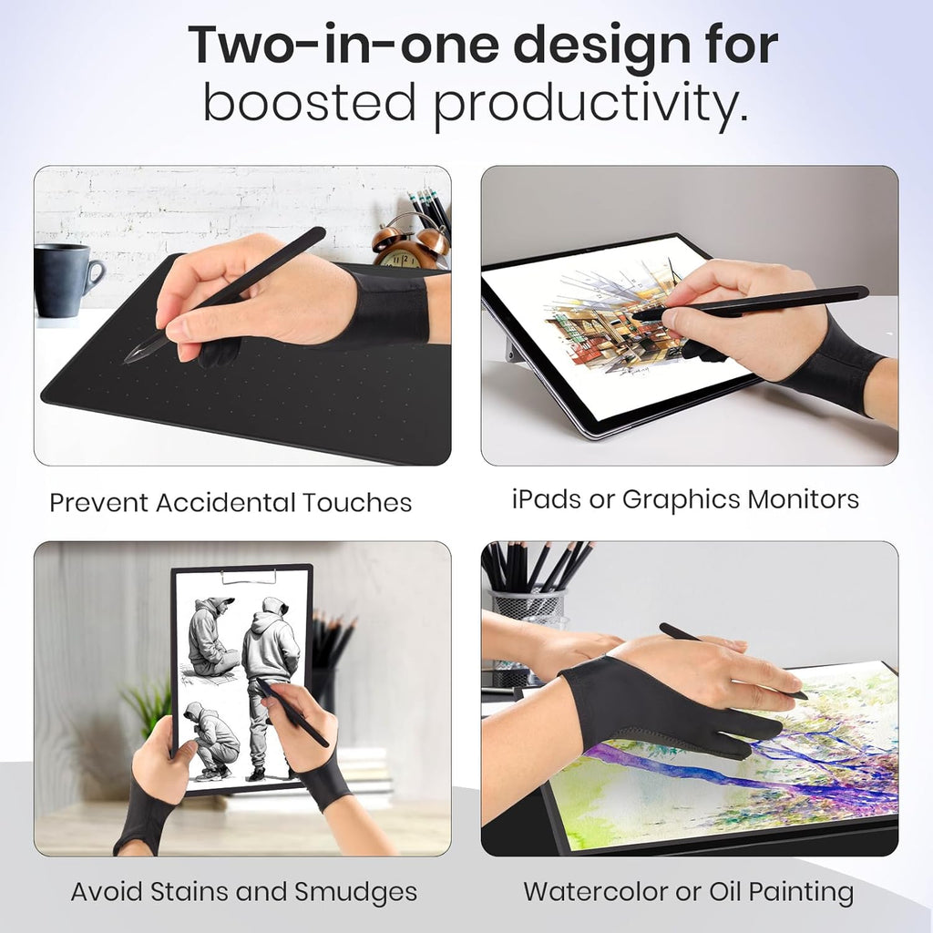Digital Drawing Glove: 3-Layer Palm Rejection, Two-Finger Artist Glove for Drawing Tablet, iPad, Paper Sketching, Fits Left and Right Hand, Includes Cleaning Cloth(2 Pack,Black,Small)