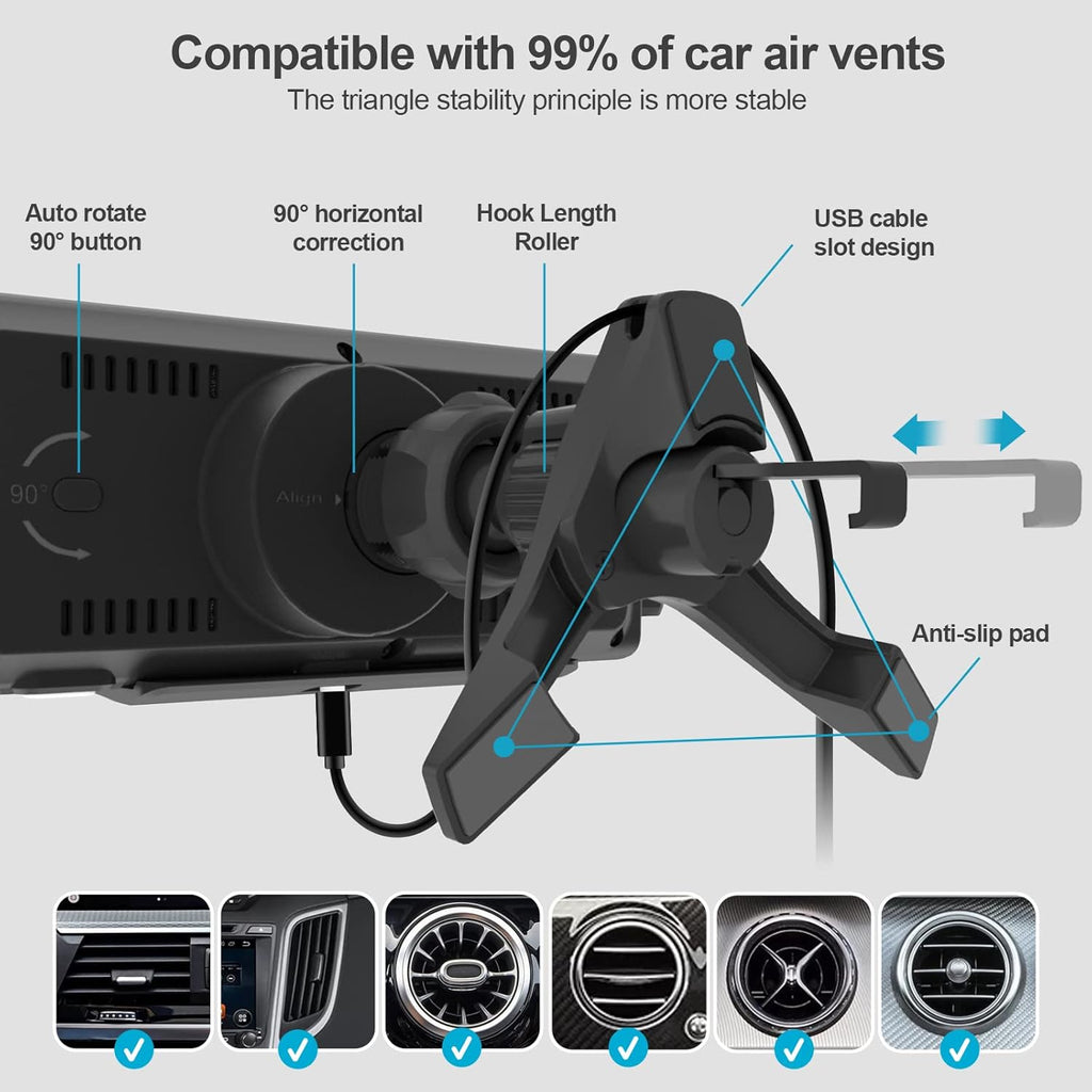 Wireless Car Charger for Z Fold 6/5/4/3, Dual Coil Cup Holder Phone Mount for Tesla, Fast Charging Auto Clamping Auto Rotation 90° Air Vent Mount for iPhone 16/15/14/13/12 Serie