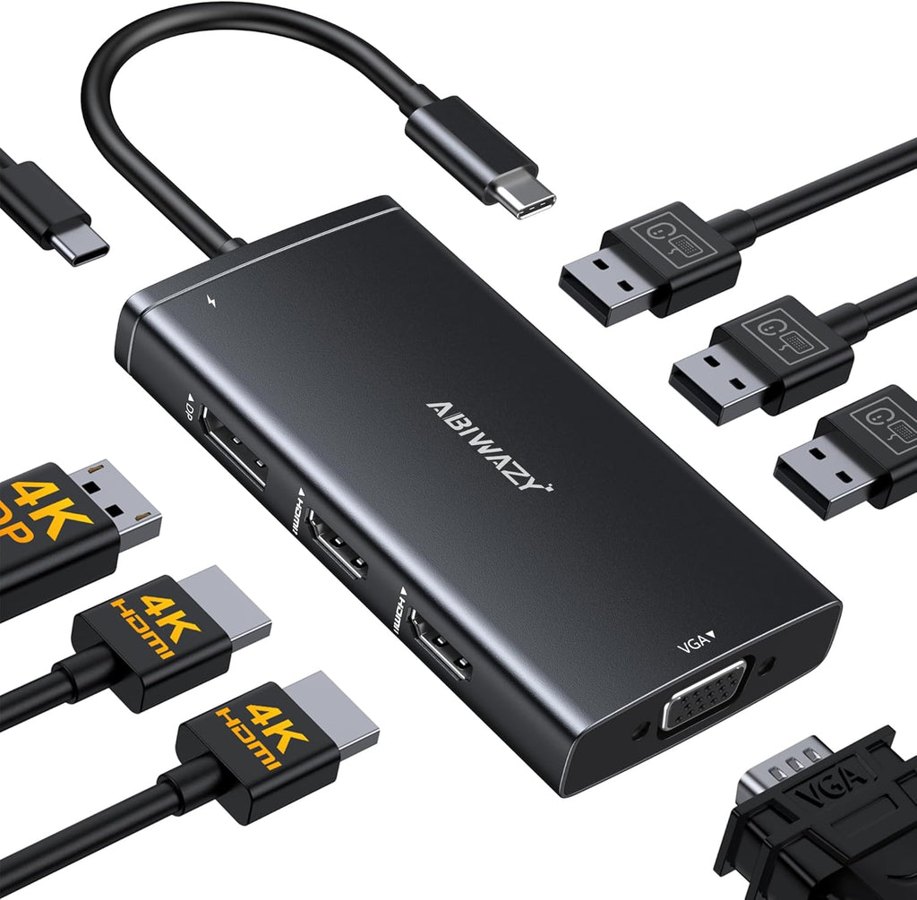 ABIWAZY USB C Docking Station Dual Monitor for HP Dell Lenovo Thinkpad Surface, 8 in 1 Computer Multiple Monitor Hub Adapter to Dual 4K HDMI,DisplayPort,VGA, 00W PD,3 USB for Windows Laptops(Black)