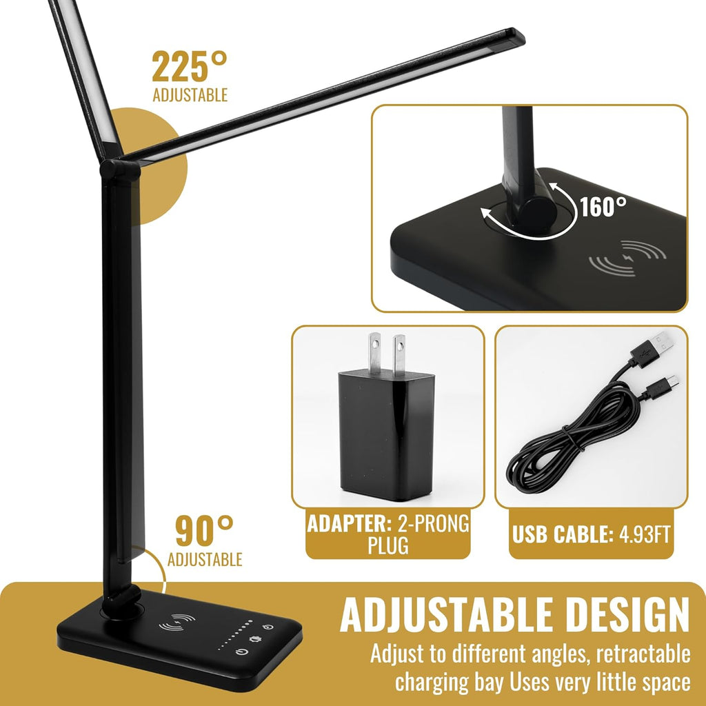 LED Desk Lamp with Wireless Charger – Touch Control Dorm Desk Lamp with USB Charging Station, 3 Color Modes & 5 Brightness Levels, Ideal for Home, Office, Bedroom, Study Area, & College Dorm, Black