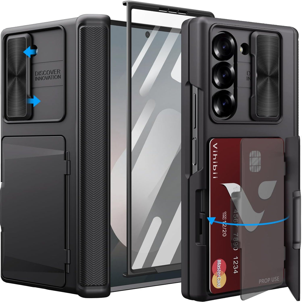Vihibii for Samsung Galaxy Z Fold 6 Case with Card Holder & Slide Camera Cover & Screen Protector & Hinge Protection, Heavy Duty Rugged Wallet Phone Case for Samsung Galaxy Z Fold 6 2024, Black