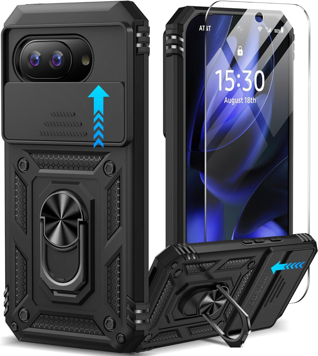 Taisairu for Google Pixel 9A Case with Screen Protector & Slide Camera Lens Cover, Built-in 360°Rotate Magnetic Ring Stand Shockproof Protective Phone Case for Google Pixel 9A Case (Black)