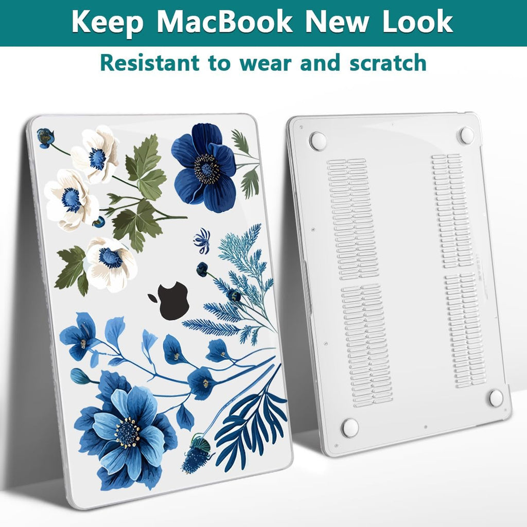 Teryeefi Compatible with M2 M1 MacBook Pro 13 Inch Case A2338 A2289 A2251 A2159 A1989 A1706 A1708 (2024 20203 2022-2016), Hard Shell Case & Keyboard Cover for Mac Pro 13" - Blue Plant Flower