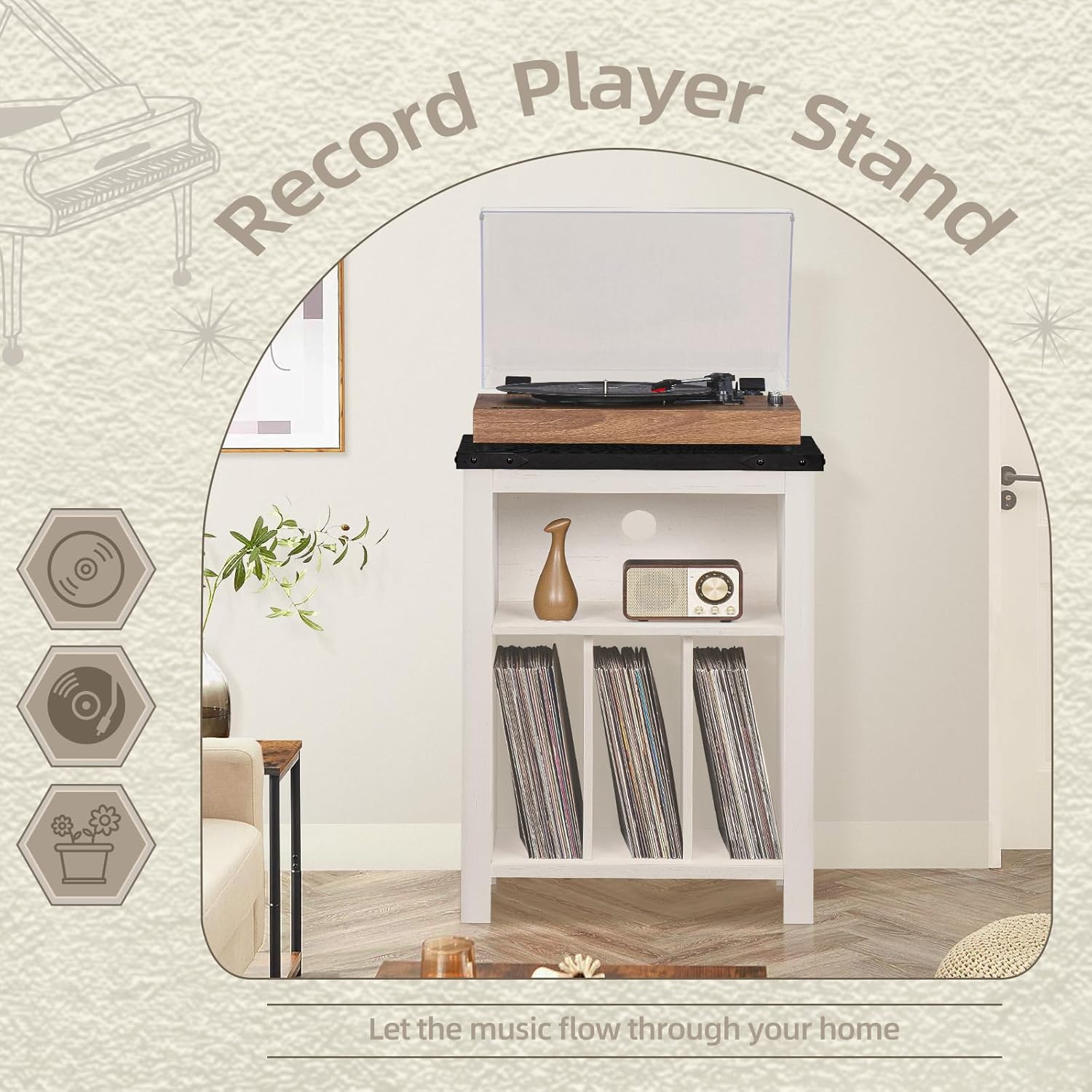 Record Player Stand with Vinyl Record Storage Holds up to 160 Albums,Large Wood Record Player Table Dispaly Shelf，White Turntable Stand Cabinet for Living Room,Bedroom,Office 8