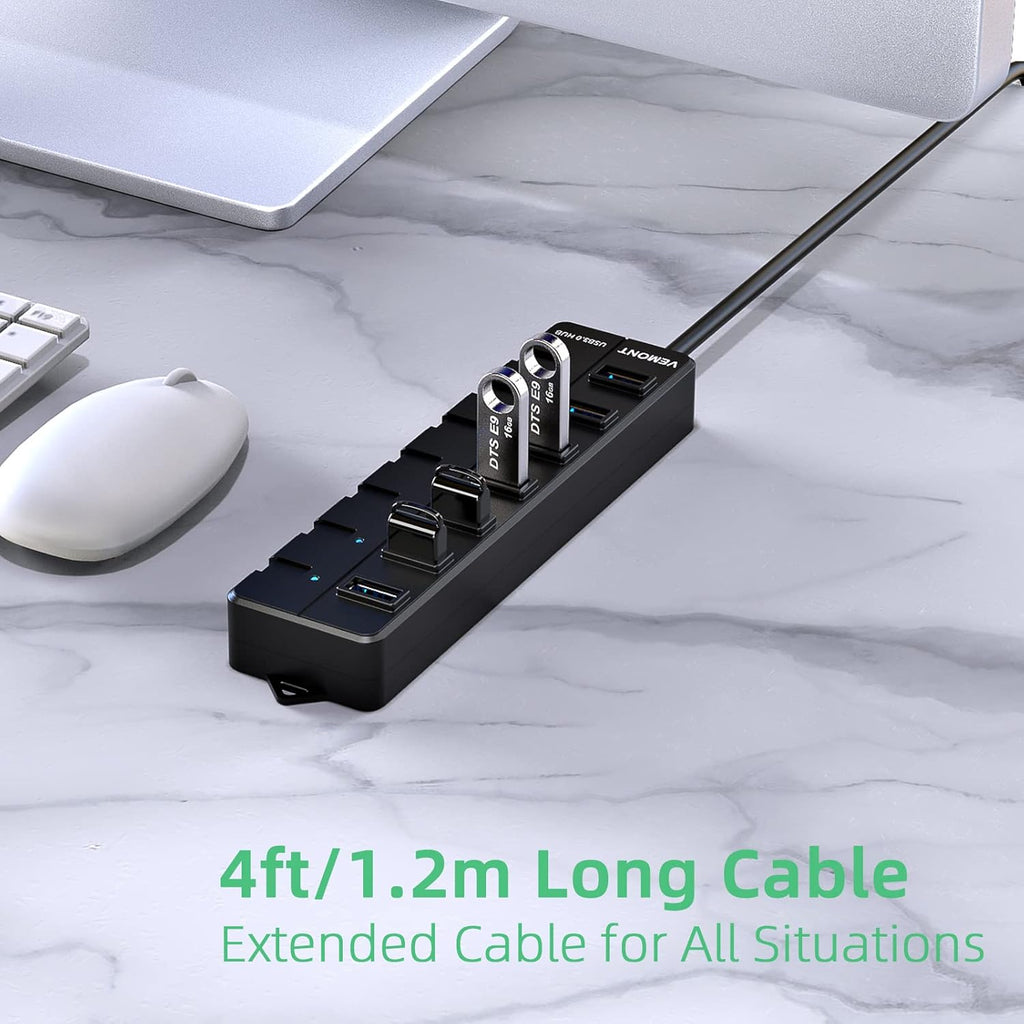 VEMONT USB hub,Computer Peripheral Equipment 7-Port USB 3.0 hub with 5V2A Power Adapter and Individual On/Off Switches,USB Charging hub 4ft/1.2m Long Cable