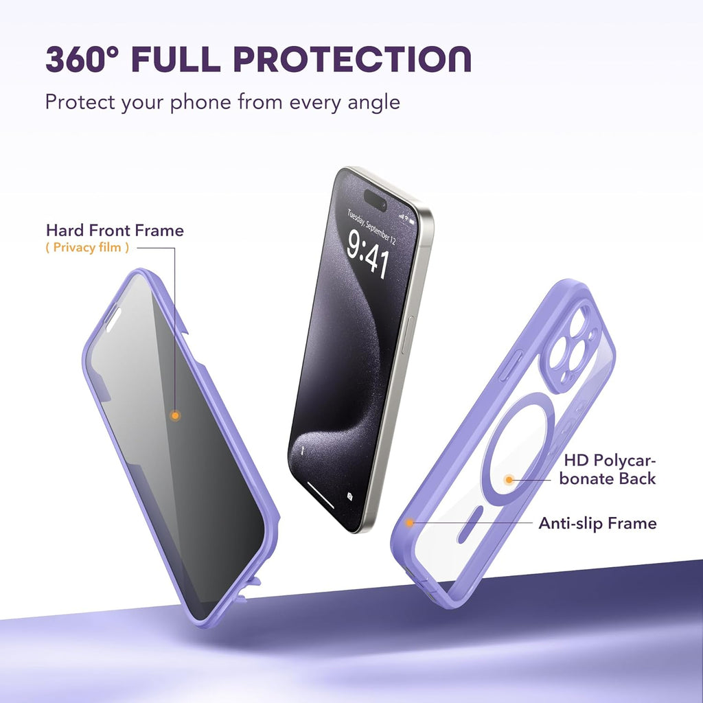 Magnetic for iPhone 15 Pro Max Case, Compatible with MagSafe, Built-in Privacy Screen Protector and Camera Protection, Anti Spy Full Body Dustproof Shockproof Hard Phone Case 6.7",Light Purple
