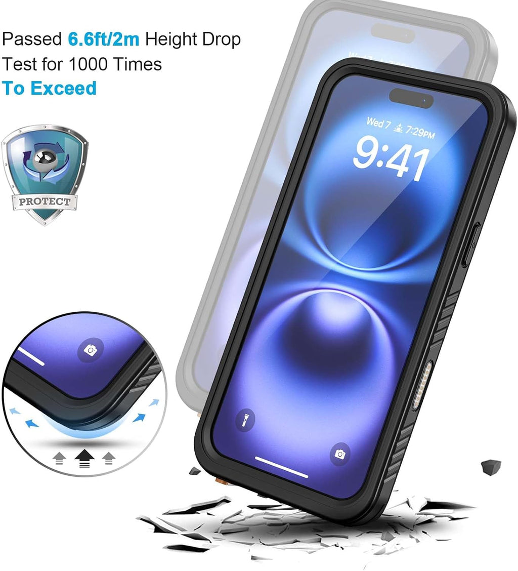 Lanhiem for iPhone 16 Case, IP68 Waterproof Dustproof Shockproof Cases with Built-in Screen Protector, 360 Full Body Protective Heavy Duty Rugged Phone Cover for iPhone 16-6.1 inch (Black/Clear)