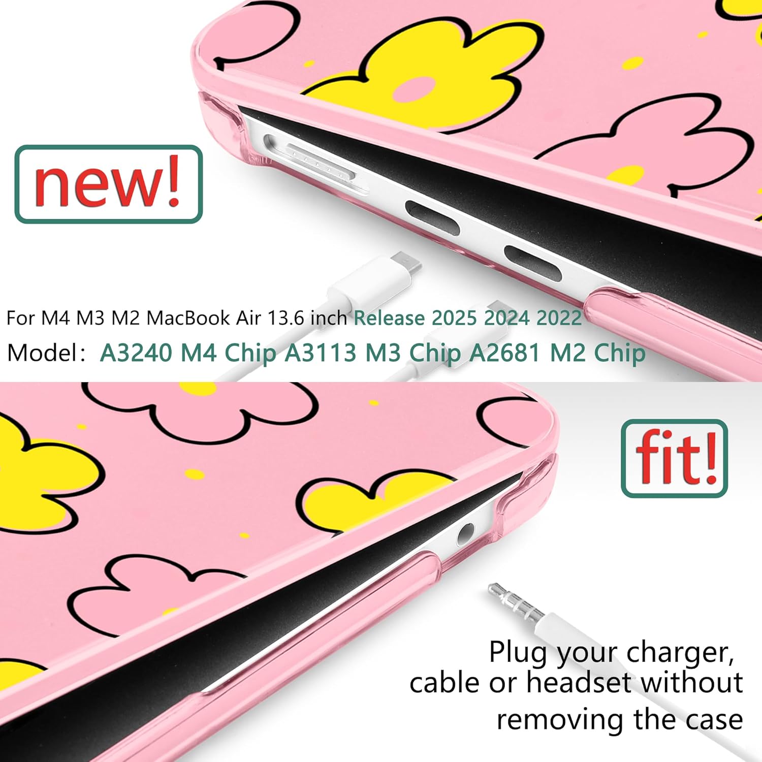 TWOLSKOO Compatible with M4 MacBook Air 13.6 inch Case 2025-2022 Release M4 A3240 M3 A3113 M2 A2681, Plastic Hard Shell & Keyboard Cover & Type C Adapter & Screen Protector, Cute Pink Flowers