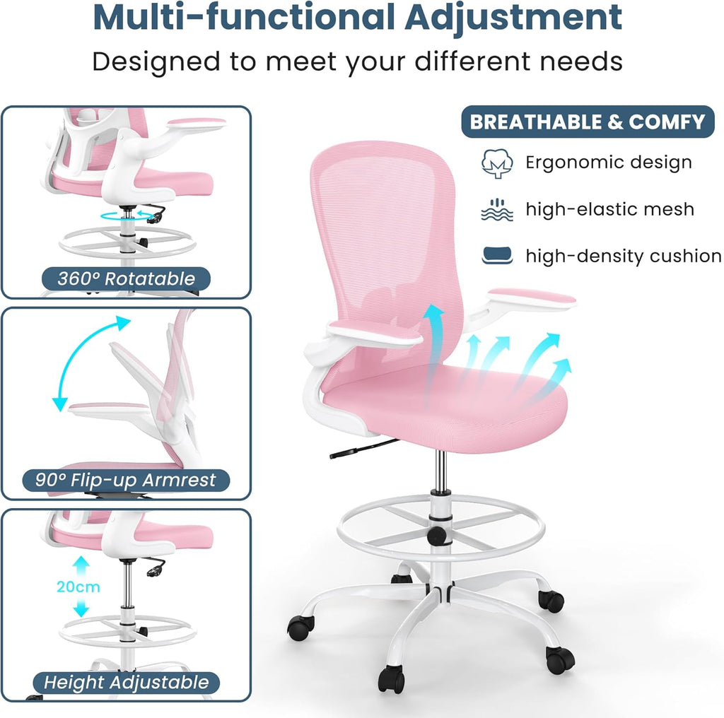 Drafting Chair, Tall Office Chair with Flip-up Armrests Executive Ergonomic Computer Standing Desk Chair, Office Drafting Chair with Lumbar Support and Adjustable Footrest Ring