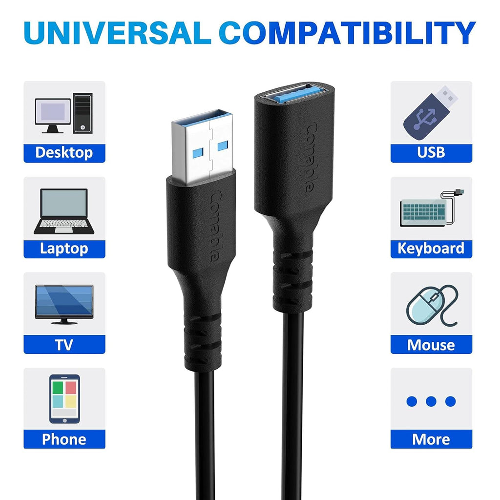 3 Pack USB 3.0 Extension Cable 2 FT, Short USB A Male to Female Extender Cord, 5Gbps Data Transfer for Webcam, Printer, Keyboard, Flash Drive, Hard Drive, Controller, Black Cable with 5 Cable Ties