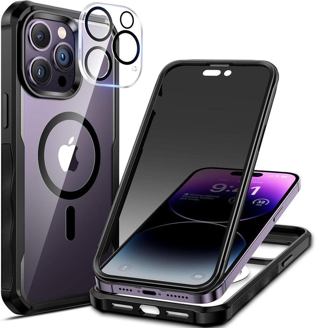seacosmo for iPhone 14 Pro Max Case, Full Body Bumper with Built-in 9H Tempered Glass Privacy Screen Protector and Camera Lens Protector, Compatible with MagSafe, Shockproof Phone Cover, 6.7", Black
