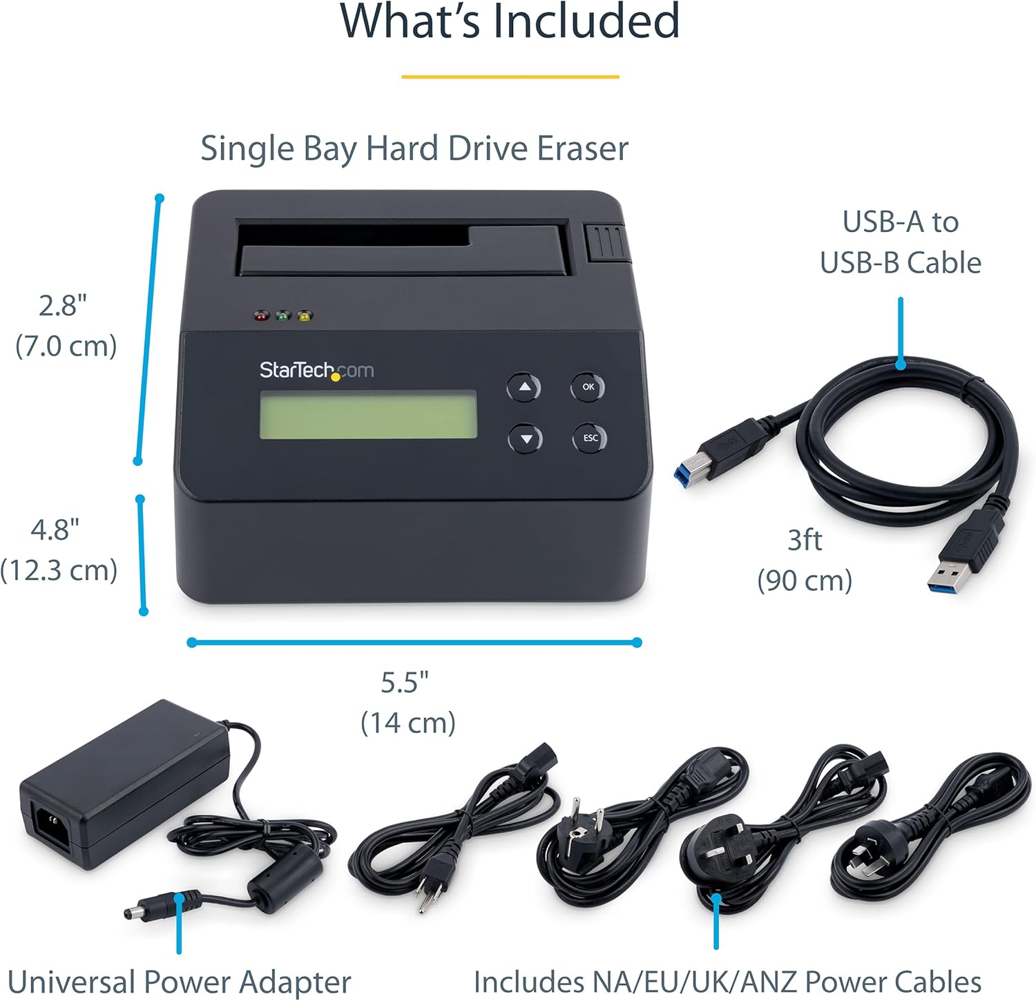 StarTech.com Single Bay SSD/HDD Hard Drive Eraser, 2.5/3.5" SATA, Hostless Standalone Secure Erase, Disk Sanitizer, Hardware Wiper Erasing Tool, 9 Modes, Printer Port, NIST/DOD, LCD, TAA (SDOCK1EU3P)