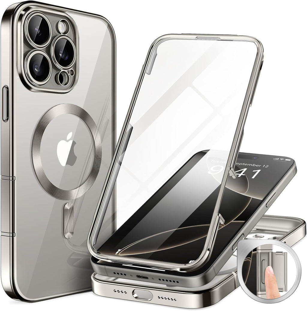 BERFY Magnetic for iPhone 16 Pro Case, Compatible with Magsafe, Built-in 9H Tempered Glass Screen Protector & Upgraded Camera Protection, Full-Body Plating Shockproof Phone Case for 16 Pro 6.3", Grey