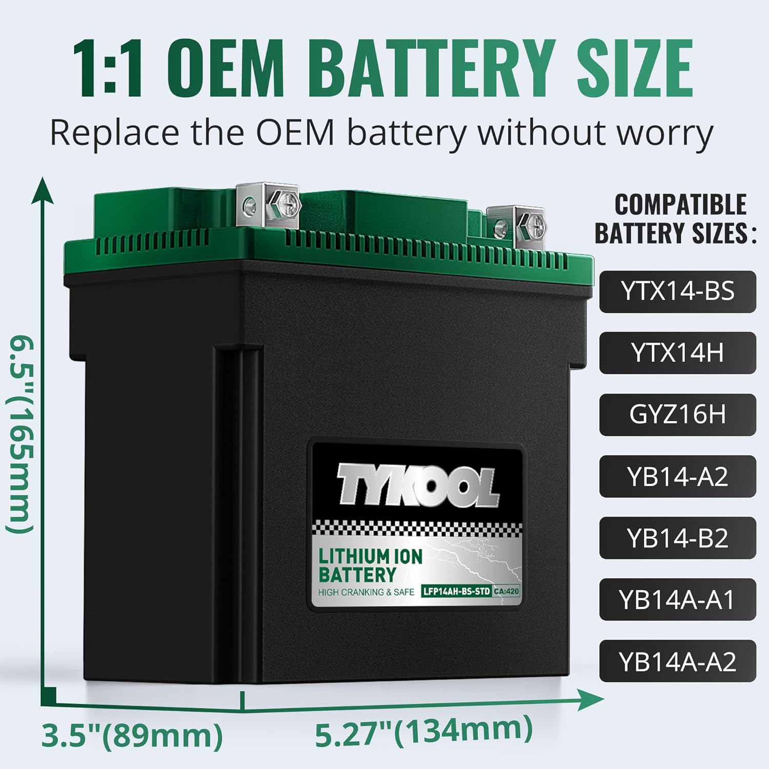 TYKOOL YTX14AH-BS-STD, LiFePO4 Lithium Motorcycle Battery,12.8V 7Ah,420CCA,5X Longer Life,Digital Readout, Powersports Battery,Fits for ATV, UTV, Scooter, Snow mobile,Polarity:[+ -]