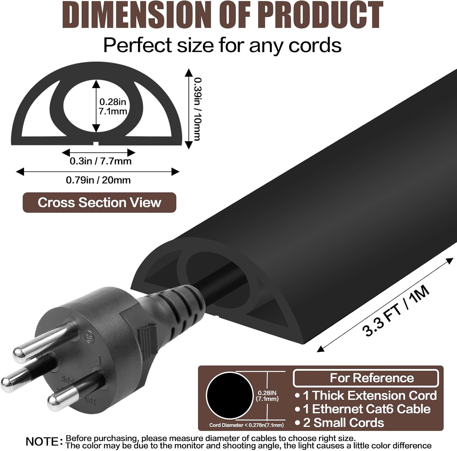 Floor Cord Cover Self Adhesive Cord Hider,3.3FT Cable Management, Extension Strip Protector for Wires, Prevent Cable Trips for Offices, Gyms, Exhibitions Cavity:0.3"(W) x 0.28"(H) Black
