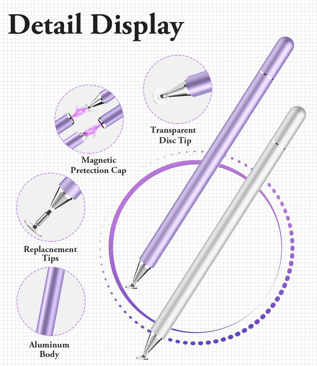 Stylus Pen for iPad, LUNTAK Stylus Pens for Apple/iPhone/Ipad pro/Mini/Air/Android/Microsoft/Surface All Capacitive Touch Screens Universal with 4 Replacement Tips (2 Pcs, Purple and Silver)