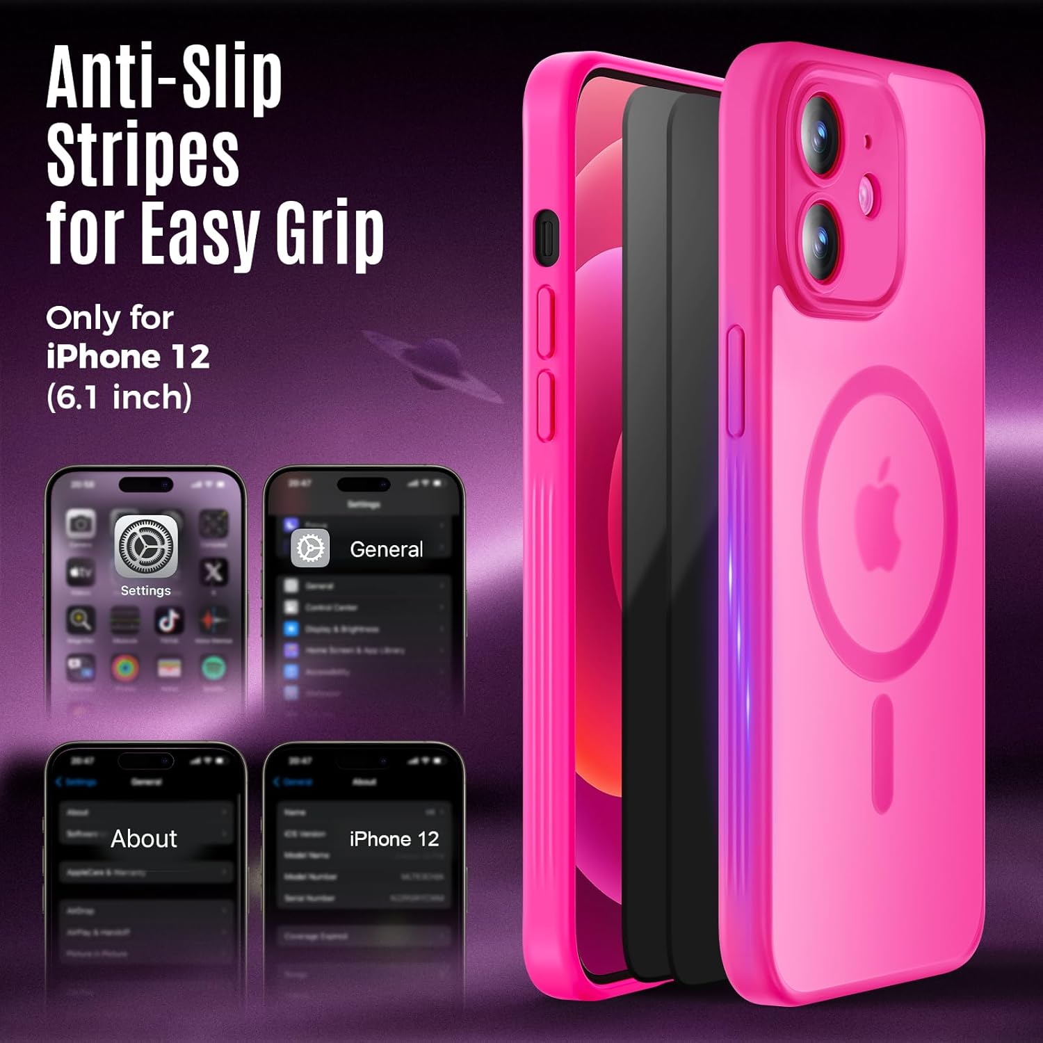 Designed for iPhone 12 Case, Compatible with MagSafe, with Privacy Screen Protectors X2, [Camera Protection] [15FT Military Drop Protection] Shockproof Phone Case, 6.1", Hot Pink