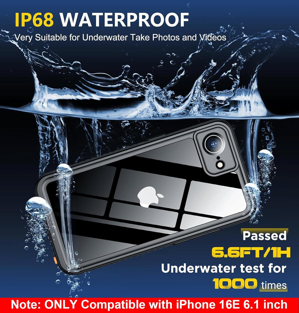 SPIDERCASE for iPhone 16e Case Waterproof,Built-in Screen & Camera Lens Protector[IP68 Underwater] Full Body Protection Phone Case for iPhone 16e 6.1'', Black/Clear