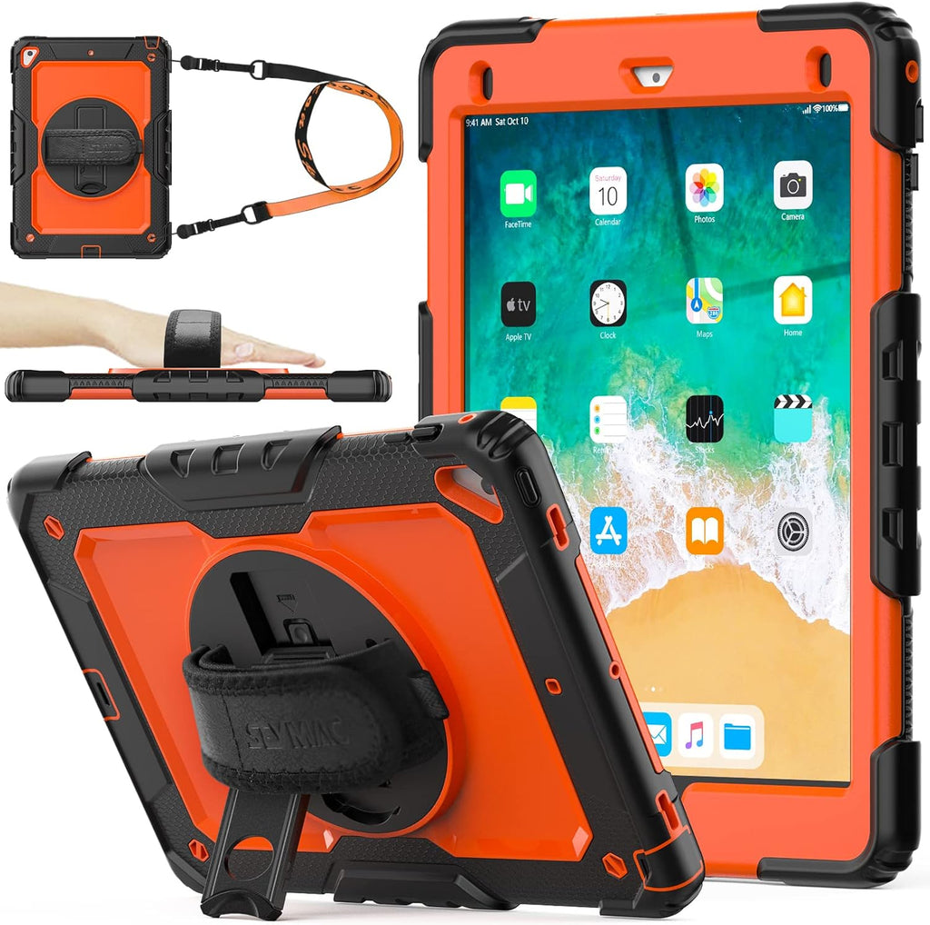 SEYMAC stock Case for iPad 6th / 5th Generation Case/Air 2 / Pro 9.7 inch, Heavy Duty Protective with Screen Protector, with Pencil Holder, Hand Strap, Shoulder Strap, 360 Rotate Stand, Orange+Black