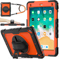 SEYMAC stock Case for iPad 6th / 5th Generation Case/Air 2 / Pro 9.7 inch, Heavy Duty Protective with Screen Protector, with Pencil Holder, Hand Strap, Shoulder Strap, 360 Rotate Stand, Orange+Black