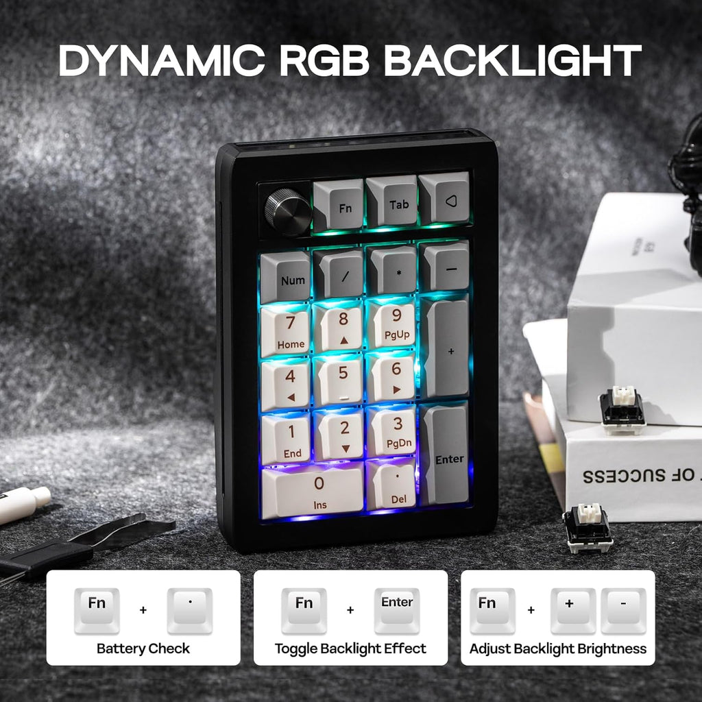 EPOMAKER EK21 VIA Gasket Number Pad with 1000mAh Battery, BT 5.0/2.4GHz/Wired Hot-Swap Numpad with Aluminum Alloy knob, Programmable for Win/Mac/Gaming (Black Silver, Wisteria V2 Switch)