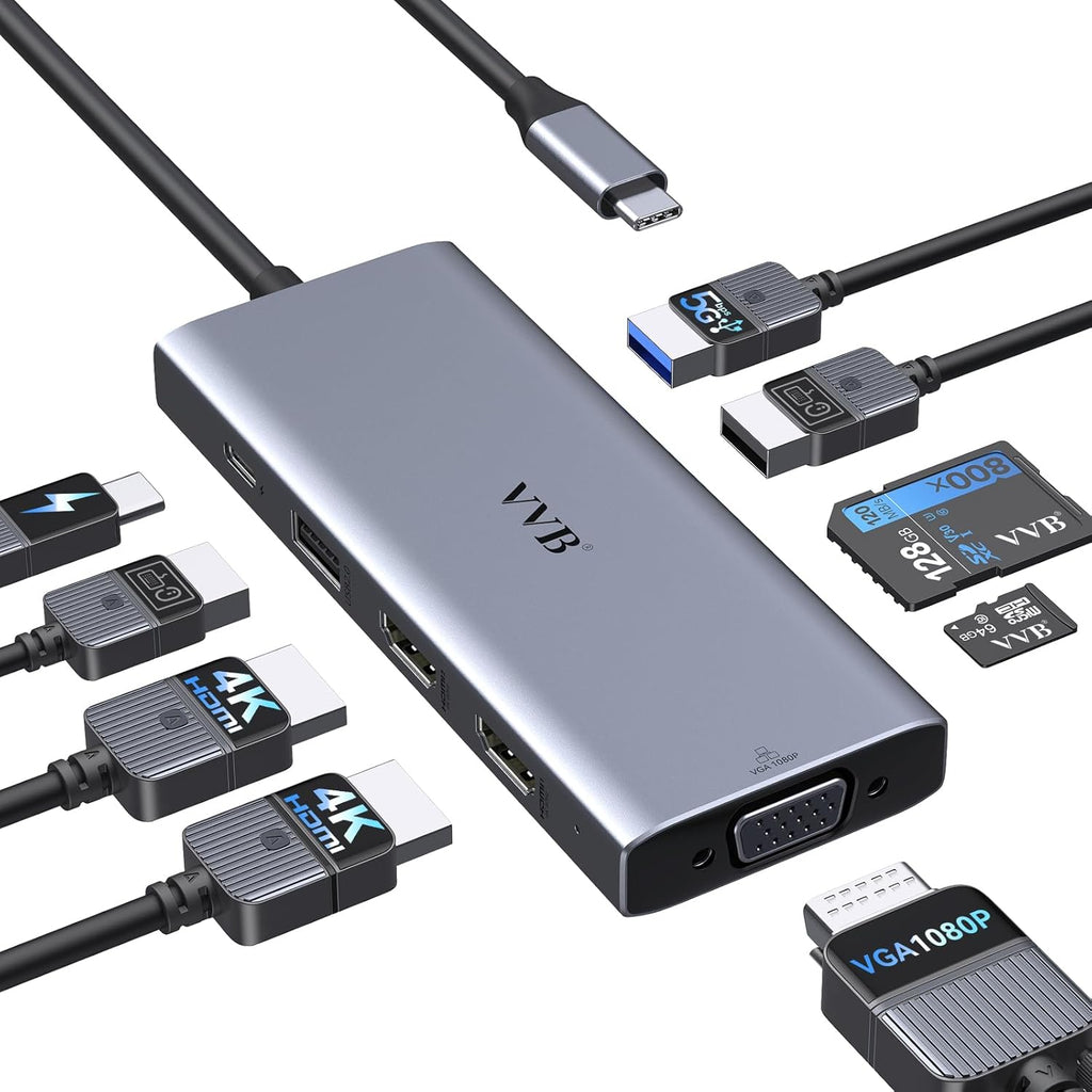 USB C Docking Station Dual Monitor HDMI Adapter for Dell HP Lenovo,Laptop Docking Station 3 Monitors USB C Hub Multiple Adapter Dongle with 2 HDMI 4K+VGA+100W PD Charger+3 USB Port+SD/TF Card Reader