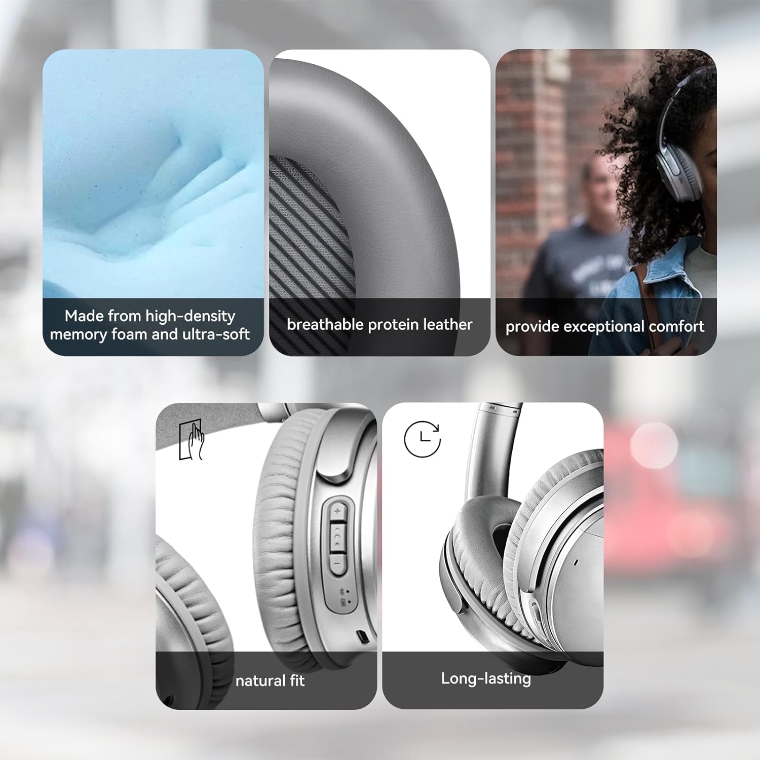 Replacement Earpads Cushions for Bose QuietComfort35&35ii(QC35 II & QC35) Silver Headphones - Professional Positioning Tools Included, Noise-Isolating Memory Foam & Breathable Leather (Grey)