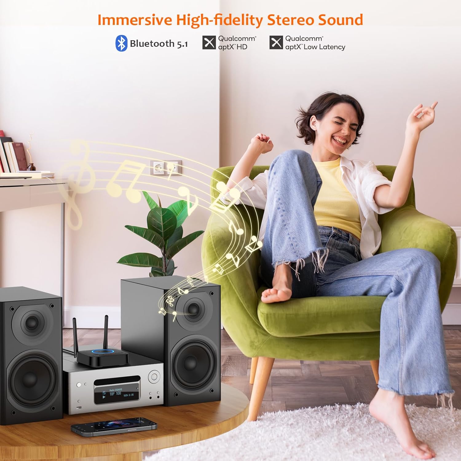 [Upgraded] 1Mii B06Pro Long Range Bluetooth Receiver, HiFi Wireless Audio Adapter, Bluetooth 5.1 Receiver with 3D Surround aptX HD Low Latency Optical RCA AUX 3.5mm Coaxial for Home Stereo System