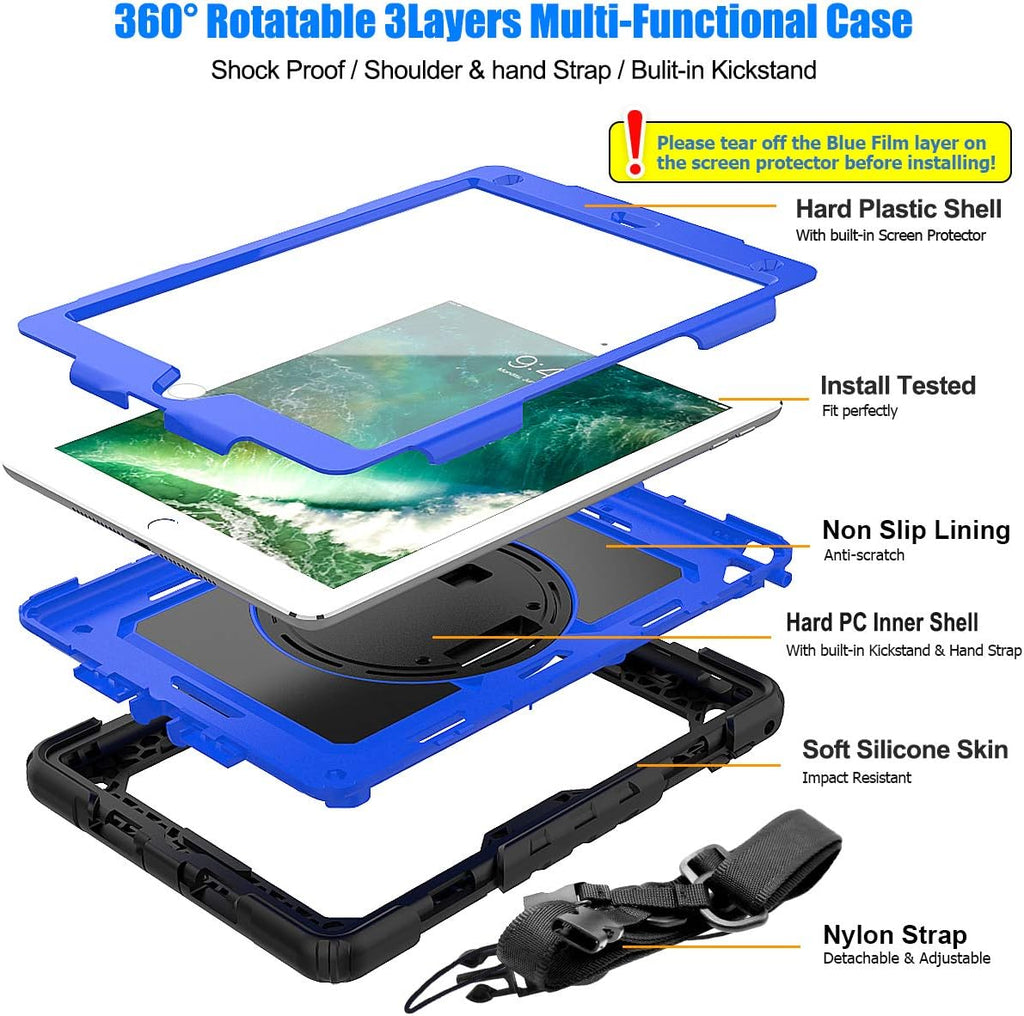SEYMAC stock Case for iPad 6th / 5th Generation Case/Air 2 / Pro 9.7 inch, Heavy Duty Protective with Screen Protector, with Pencil Holder, Hand Strap, Shoulder Strap, 360 Rotate Stand, Blue+Black
