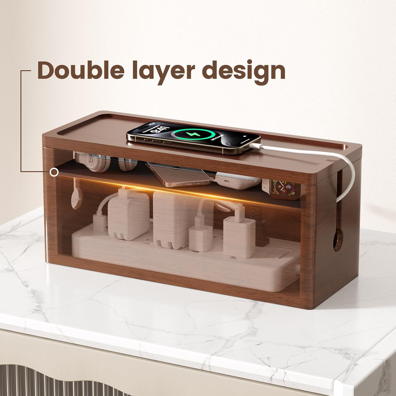 Extra Large Cable Management Box – Brown Double Layer Wooden Cord Organizer with Divider for Desk, TV Stand, Kitchen, and Office （NO Power Strips or Chargers）