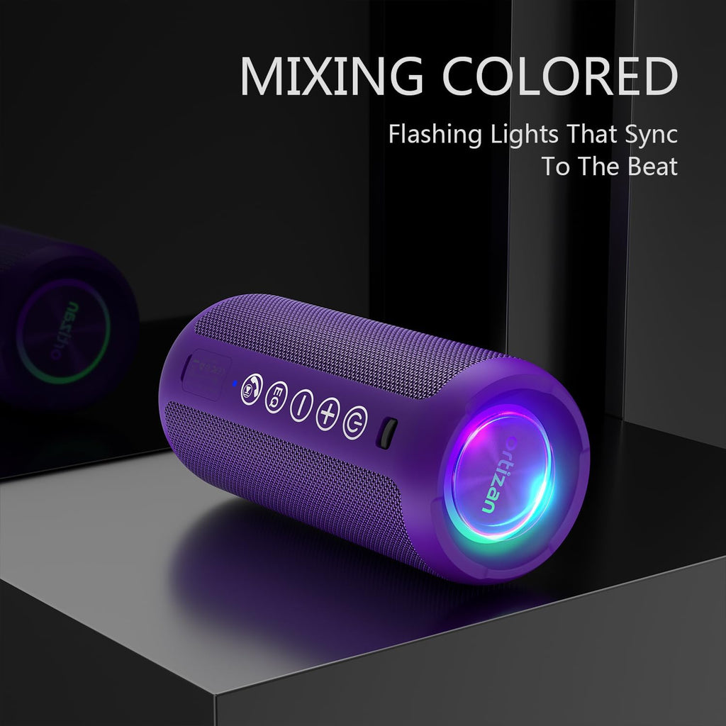 Ortizan Portable Bluetooth Speaker: IPX7 Waterproof, 24W Loud Sound, Deep Bass, Bluetooth 5.3, LED Lights, Wireless Stereo Pairing, 30H Playtime, for Home/Outdoor/Party/Beach, Birthday Gift (Purple)