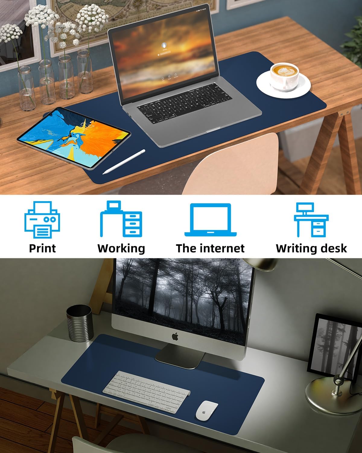 Non-Slip Desk mat,PULeather Desk Pad Protector, Office Desk Mat, Large Mouse Pad,Desk Blotter, Laptop Desk Pad, Waterproof Desk Writing Pad for Office and Home (Midnight Blue, 35.4" x 17")