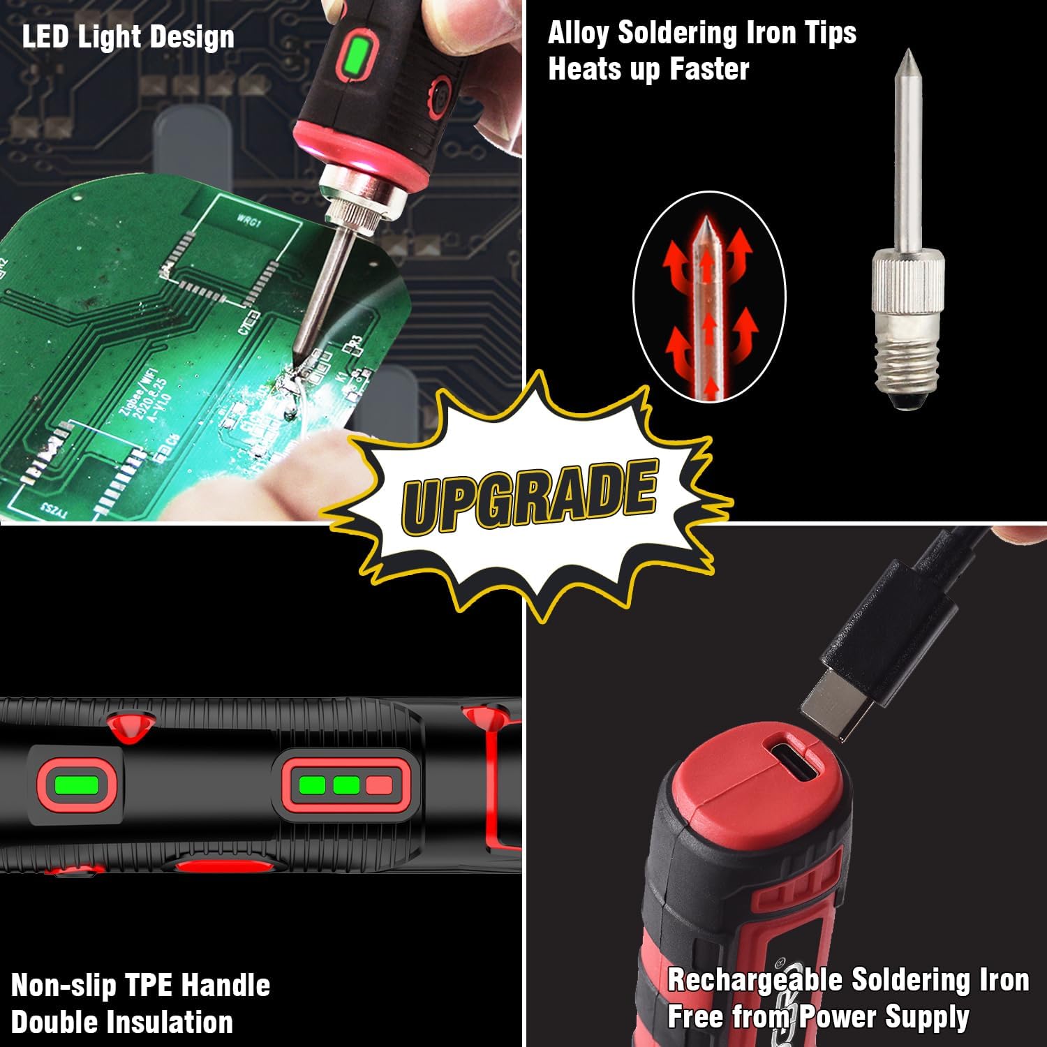 FrogBro 11W 2500mAh Cordless Soldering Iron Kit, Upgrade Max 968℉ Fast Heating Portable USB Rechargeable Soldering Iron High Capacity with Touch Sensor & LED Spotlight (2 tips+adaptor)