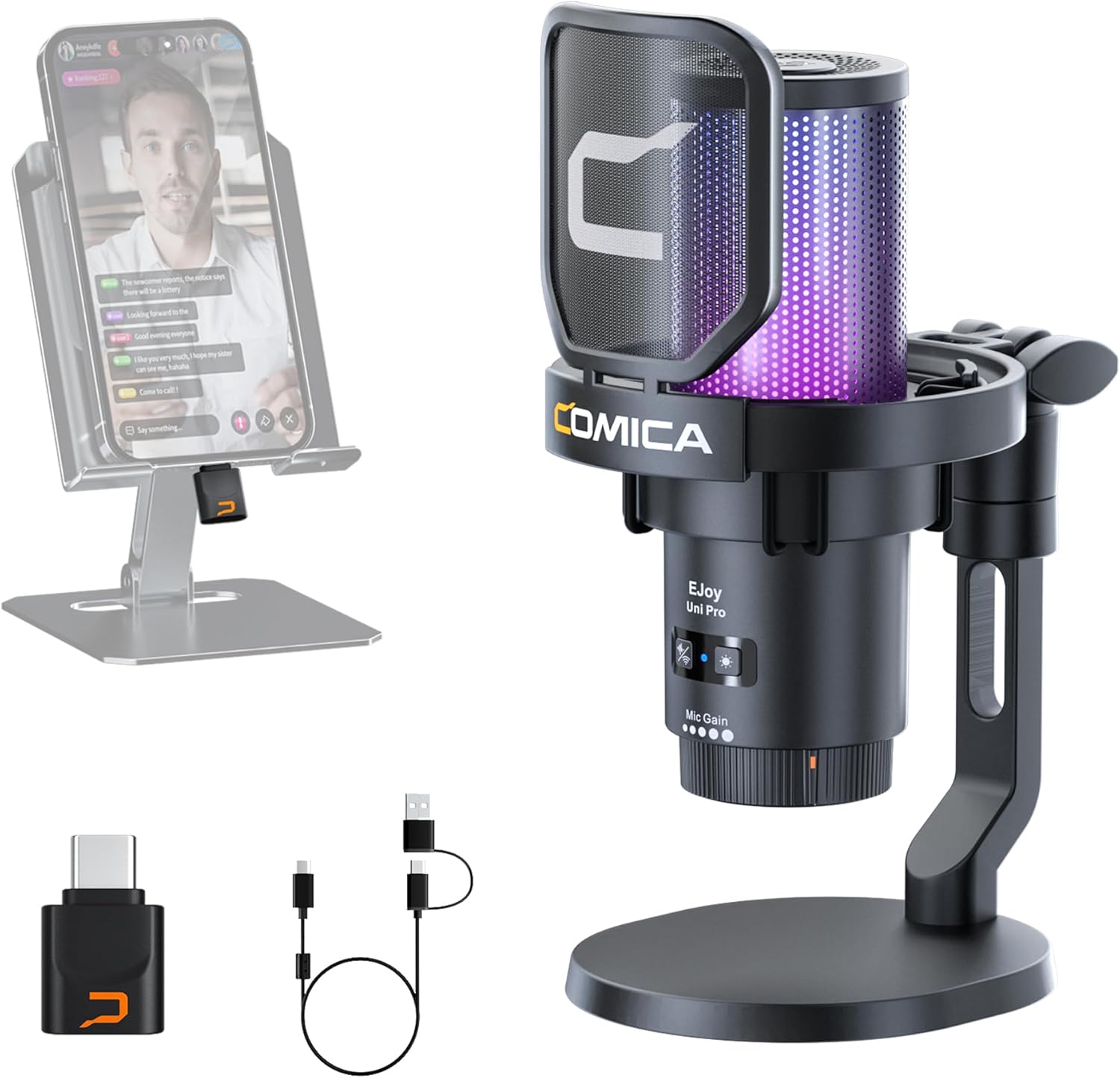 COMICA EJoy Uni Pro Wireless Gaming USB Microphone, Noise Cancellation RGB Condenser Mic with Mute, Gain, Monitoring, Pop Filter&Shock Mount for Recording, Streaming, Podcast, PS5, PS4, PC, YouTube