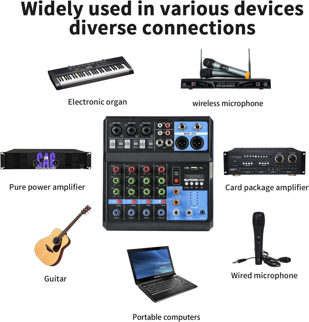 Dj Mixers 5 Channel Audio Mixer Sound Board with Bluetooth, Usb Audio Interface with 48V Phantom Power Sounds Mixer Board with FX Reverb Delay Effect for Streaming