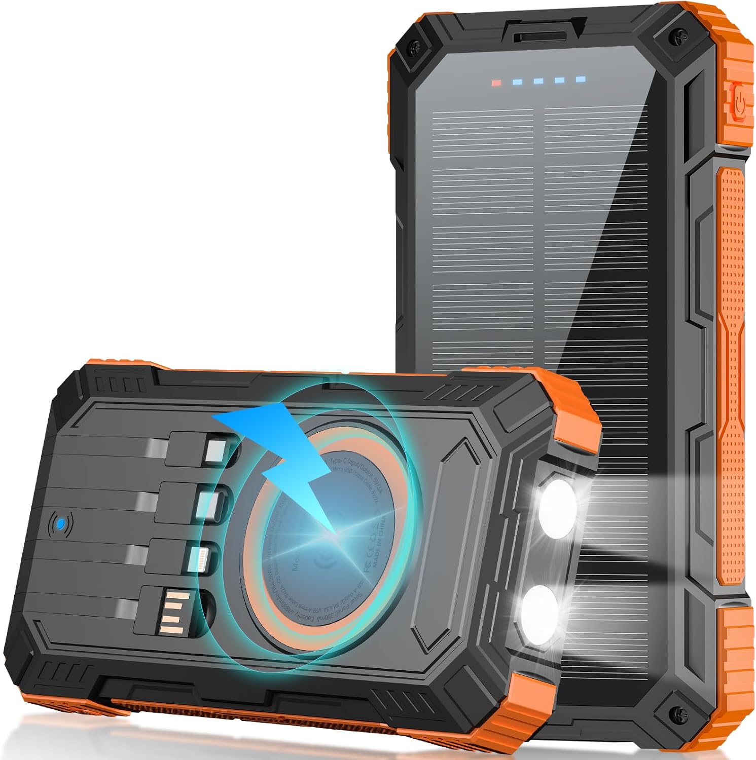 Solar Charger Power Bank 49800mAh Wireless Portable Phone Charger, 22.5W QC3.0 Fast Charging Built in 4 Cables with USB C 6 Outputs & 2 Inputs for Cell Phone Orange