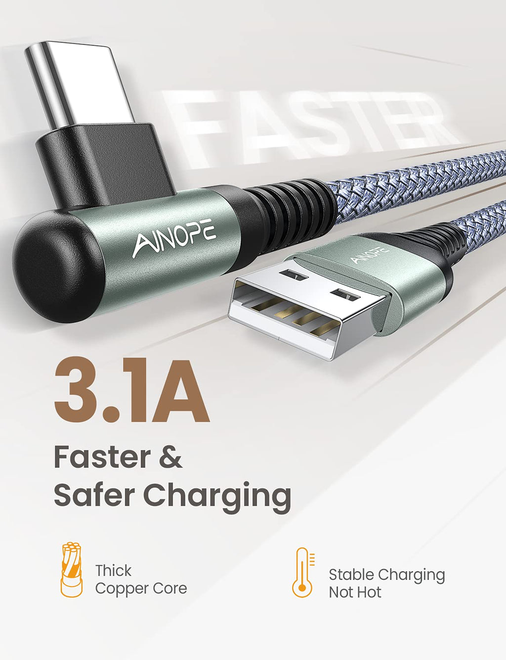 AINOPE Type C Cable [3-Pack, 6.6FT] Right Angle, 3.1A USB Type C Cable Fast Charging, Nylon Braided Type C Charging Cable Fast Charger Compatible with Samsung Galaxy S10 S9 S8 S20 Plus, Note 10 9 8
