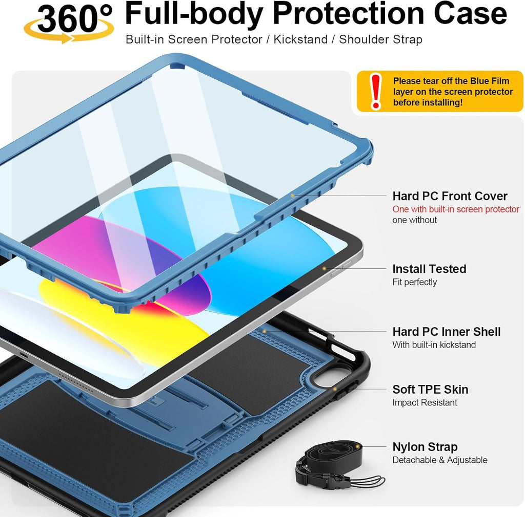 SEYMAC stock Case for iPad (A16) 11th/10th Generation 11''/10.9'' 2025/2022, with Built-in Screen Protector, Shoulder Strap, Built-in Kickstand, Rugged Full Body Shockproof Protective Case, Navy Blue