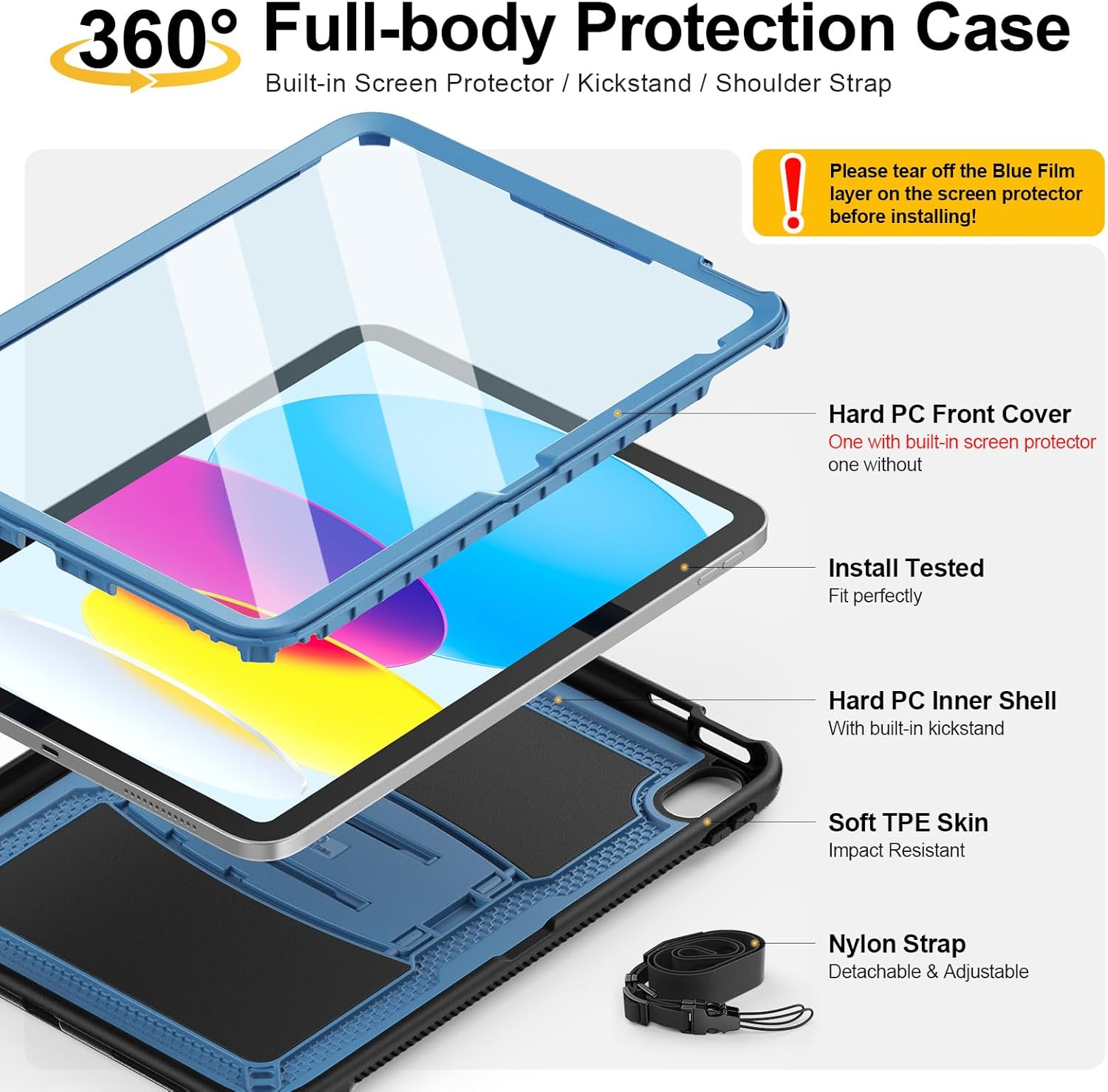 SEYMAC stock Case for iPad (A16) 11th/10th Generation 11''/10.9'' 2025/2022, with Built-in Screen Protector, Shoulder Strap, Built-in Kickstand, Rugged Full Body Shockproof Protective Case, Navy Blue