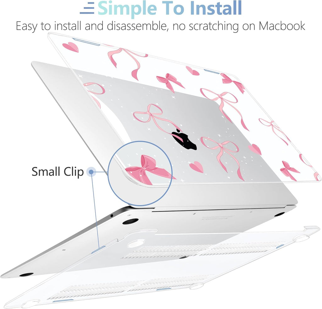 MEEgoodo for MacBook Air 13.3 inch Case 2021 2020 2019 2018 A2337 M1 A2179 A1932, Laptop Shell for MacBook Air M1 with Keyboard Webcam Cover & Trackpad Film & Type C Adapter,Pink Ribbons Bows