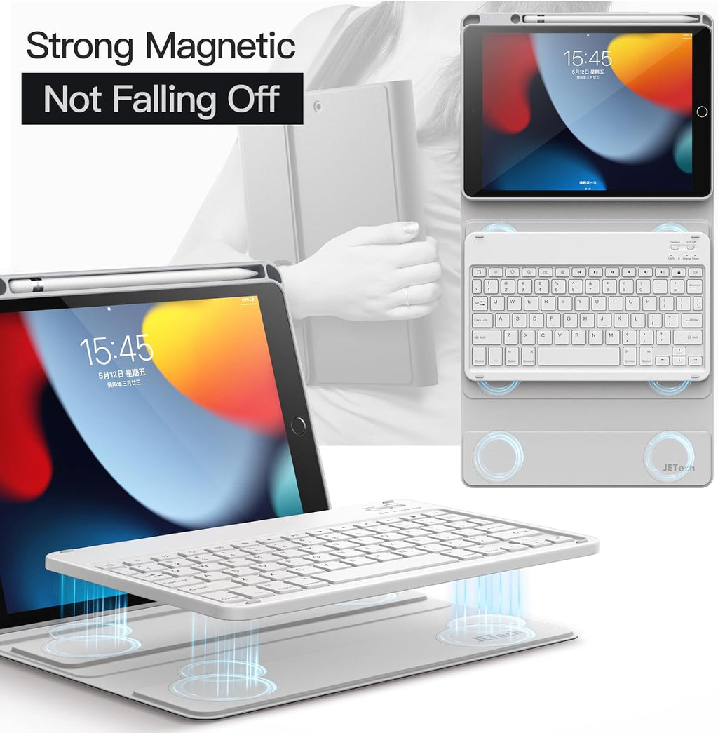 JETech Keyboard Case for iPad 10.2-Inch (2021/2020/2019 Model, 9th/8th/7th Generation) with Pencil Holder, Magnetic Detachable Bluetooth Wireless Keyboard, Soft TPU Back Stand Cover (Silver)